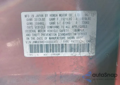 2012 Honda Fit Sport из США, поврежденный, VIN JHMGE8H51CC033363